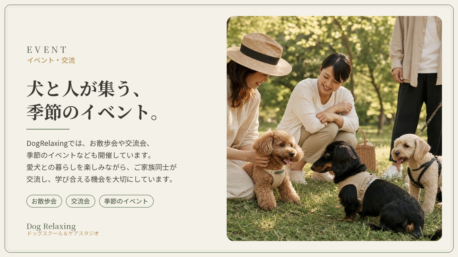 DogRelaxing イベント・交流|犬と人が集う、季節のイベント。お散歩会や交流会、季節のイベントを開催しています